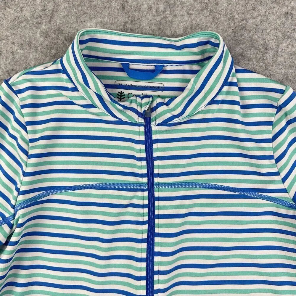 Coolibar Turtle Bay Swim Jacket Youth L Blue Green Striped Full Zip UPF 50+